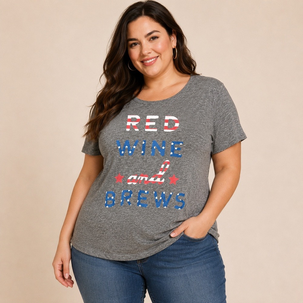 Torrid 2XL Red Wine & Brews Patriotic Graphic Tee Gray Short Sleeve Americana